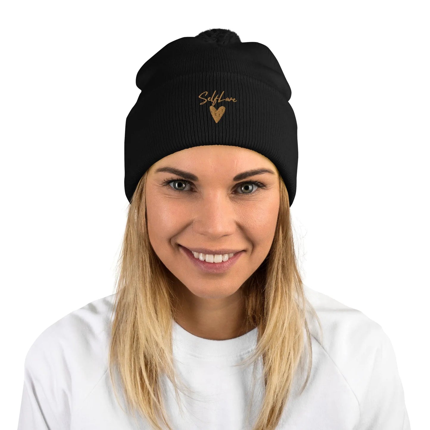 Self Love Pom-Pom Beanie - Women's Beanie with Embroidery-1