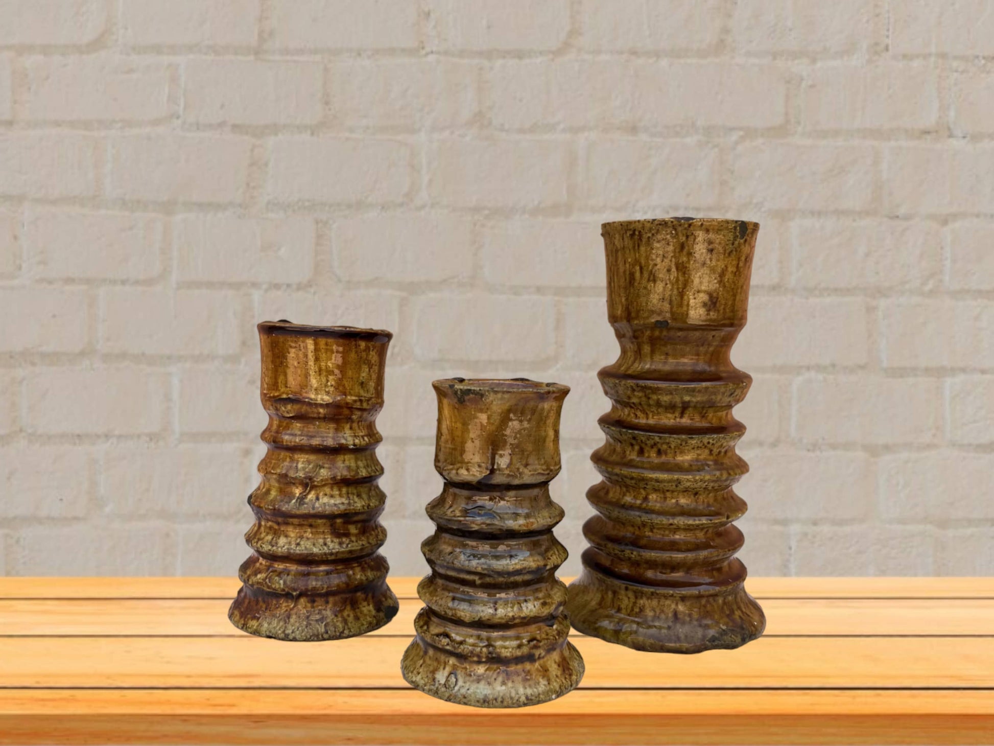 Handmade Moroccan Vintage Tamegroute Ochre Twist Candlestick Holders: Set of 3 Ceramic Glazed Pottery-2