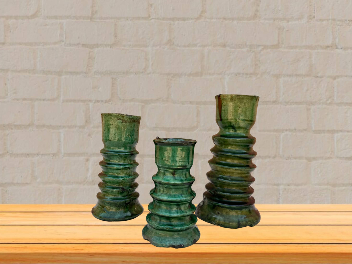 Handmade Moroccan Vintage Tamegroute Green Twist Candlestick Holders: Set of 3 Ceramic Glazed Pottery-2