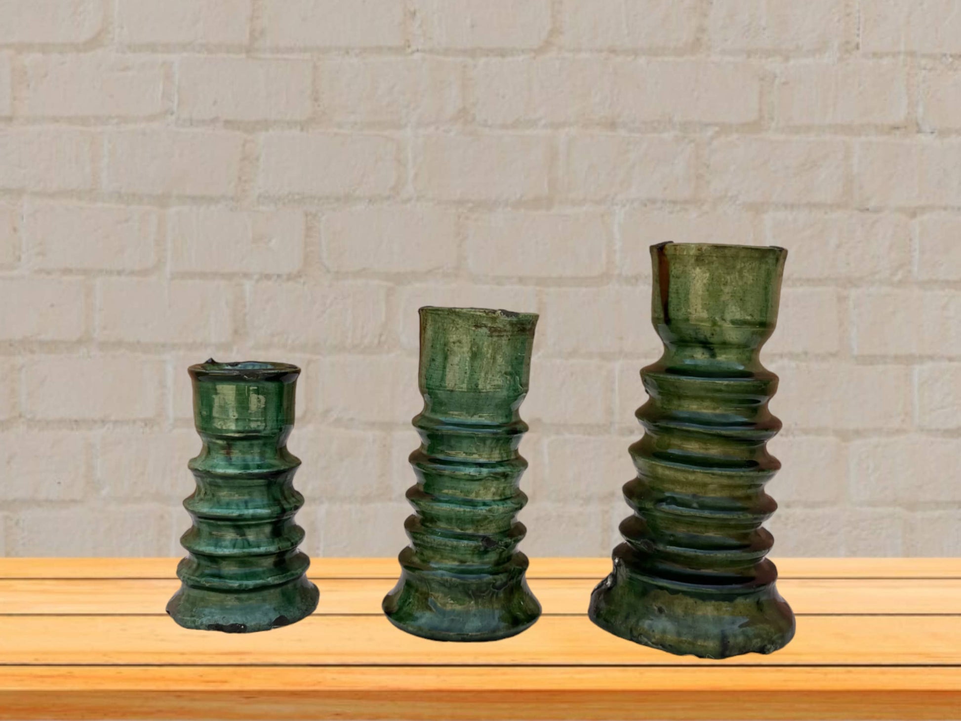 Handmade Moroccan Vintage Tamegroute Green Twist Candlestick Holders: Set of 3 Ceramic Glazed Pottery-3