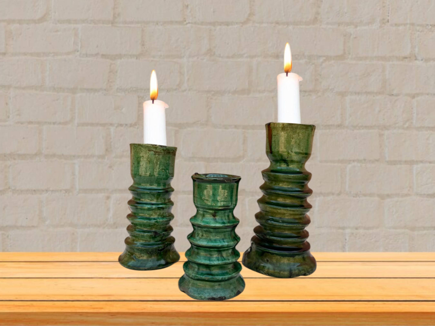 Handmade Moroccan Vintage Tamegroute Green Twist Candlestick Holders: Set of 3 Ceramic Glazed Pottery-0